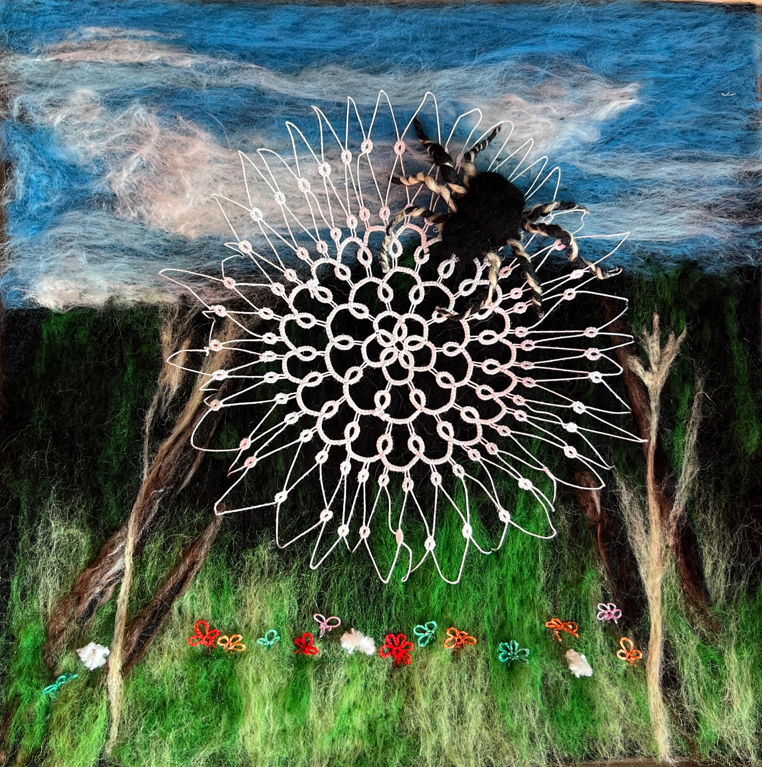 Veronica de Saint Phalle - “Spider Web” - fiber art painting with tatting.